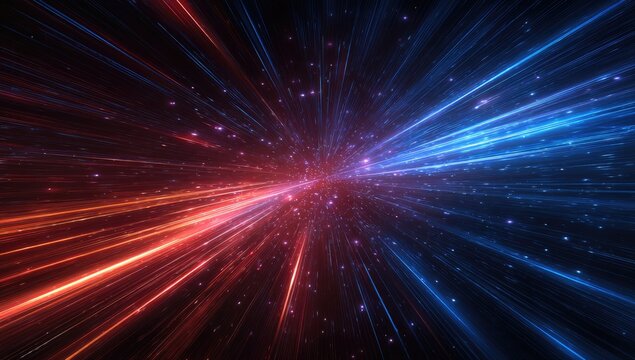 Abstract image of red and blue light streaks converging at a central point with stars - Powered by Adobe