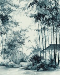 Serene Traditional Bamboo Garden with Lush Greenery and Tranquil Pathway in Watercolor Style