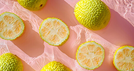 Aesthetic flat lay of sliced Osage orange fruit floating in pink water with caustic sunlight. Concept of natural cosmetic ingredients, skincare hydration and serum texture.