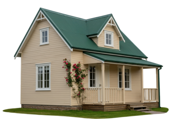 Charming beige cottage with green roof isolated on transparent background, cozy home with roses PNG