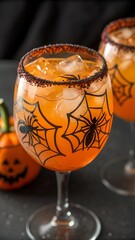 Cocktail with decor for HalloweenClose up view of tasty orange cocktail in a glass with decor for