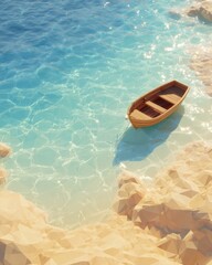 Low Poly Beach Scene with a Wooden Boat on Sunny Sand in Clear Water