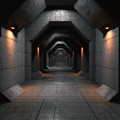 Futuristic 3D Corridor with Blocky Aesthetic and Dramatic Lighting in a Sci-Fi Environment