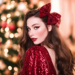 Elegant Woman in Red Dress with Christmas Lights and Festive Bow