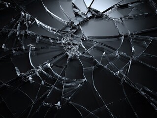 Shattered glass image, radial fracture pattern with shards reflecting light, on a dark background