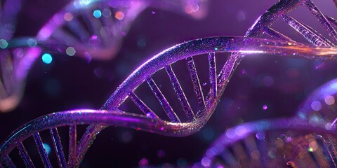 A macro view of a sparkling double helix DNA strand, with a dark purple background and bokeh