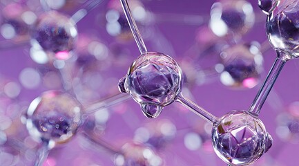 A close-up of a molecular structure made of transparent, spherical forms against a purple background