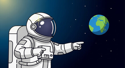 Cartoon astronaut pointing at earth in space illustration for kids education and learning resources