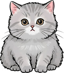 Cute Fluffy Gray Cat Character PNG Illustration