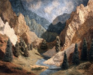 Majestic Mountainscape with Serene River Winding Through Vibrant Green Pine Trees