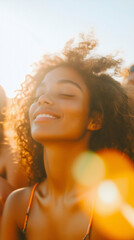 Cinematic portrait of serene young african american woman with sunkissed glowing skin. Concept of natural beauty, authenticity, wellness, mental health, and Black joy.