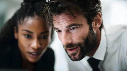 A man and woman in a professional setting collaborate intently focused on a shared digital screen in a moment of deep concent n