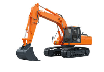 Orange excavator isolated on transparent background, heavy construction equipment PNG