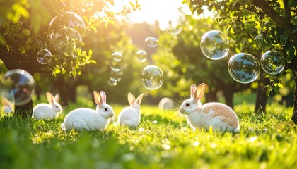 Rabbits in a Sunny Meadow with Floating Soap Bubbles
