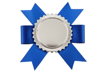 Blue ribbon award isolated on transparent background, achievement and success concept