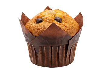 Delicious chocolate chip muffin in brown paper isolated, sweet baked treat for breakfast or snack