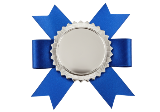 Blue ribbon award isolated on transparent background, achievement and success concept