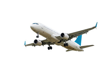 White passenger airplane isolated on transparent background, commercial aviation for travel and transportation