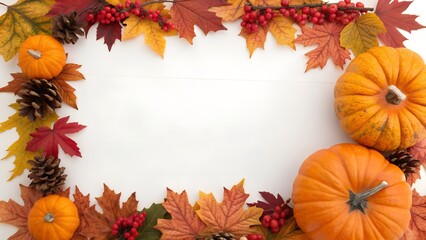 Fototapeta premium Frame made of pumpkins and fall leaves. fall foliage. white background. fall or Halloween. border