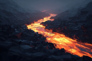Massive Low Poly Lava Flow with Glowing Red River in Abstract Landscape Scene