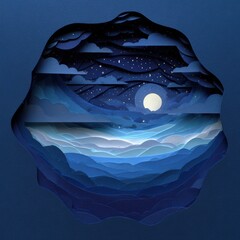 Multi-Layered Cut-Out Night Sky with Overlapping Clouds and Moonlight Reflection