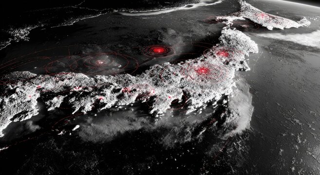 Depiction of a landmass, perhaps islands, with red light patterns on a monochrome backdrop