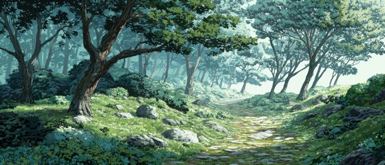 Winding Forest Path Disappearing Into Dense Greenery and Light in a Peaceful Natural Setting