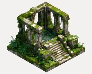 Ancient Stone Temple Ruins Surrounded by Lush Vegetation and Overgrown Flora