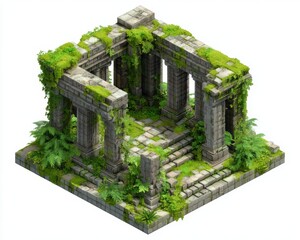 Ancient Stone Temple Ruins Surrounded by Lush Vegetation and Vibrant Greenery