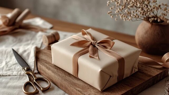 Gift wrapping station: scissors, satin ribbon and kraft paper neatly arranged on a neutral table; minimal overhead loop for holiday, retail and DIY craft content