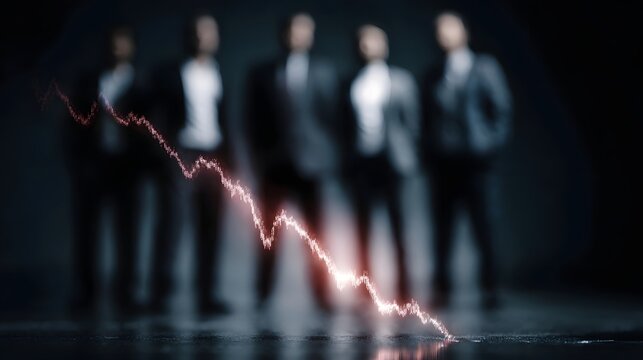 Dramatic business failure depicted through a broken chart and disappointed team silhouettes