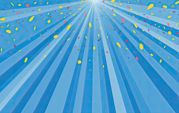 Festive digital illustration of blue light rays from above with colorful confetti