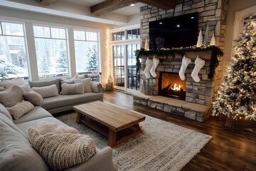 Cozy living room with stockings hanging over a warm fireplace during winter season