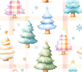 Festive Tree Pattern: A repeating design featuring an array of watercolor-painted Christmas trees with soft colors and delicate snowflakes. evoking holiday cheer