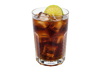 Refreshing cola drink with ice and lime isolated on transparent background, summer beverage
