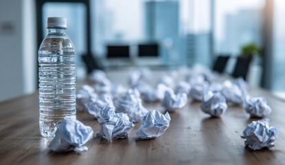 Water bottle beside crumpled papers on a table.