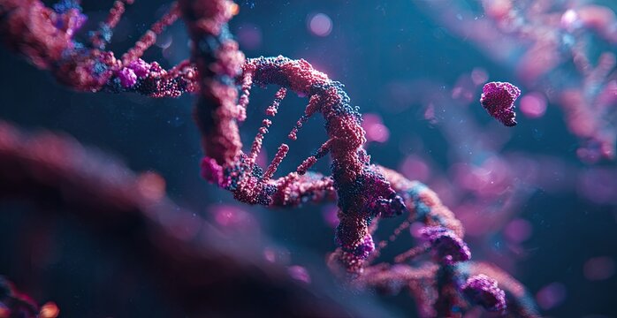 Intricate close-up of a DNA double helix rendered with vibrant colors and bokeh