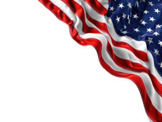 Close-up of an American flag, flowing dramatically, against a black background.  Stripes of red and white, stars on a blue field,  rippled fabric