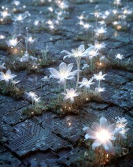 Glowing White Medicinal Plants Growing in a Futuristic Technology-Inspired Field