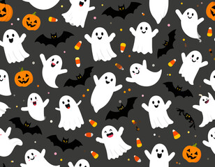 Seamless Halloween Cartoon Pattern Vector.
Cartoon vector pattern of ghosts, bats, pumpkins, and candy in seamless design. Great for Halloween wrapping paper, wallpapers, and festive backgrounds.
