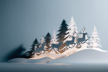 Paper craft reindeers running through snowy forest