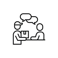 Delivery person hands package to customer with speech bubbles