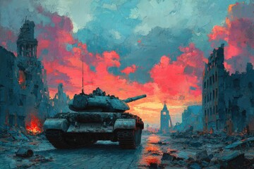 Tank sits amidst war-torn cityscape with fiery sky, depicting a scene of devastation