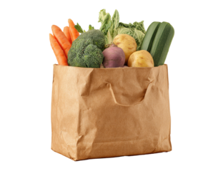 A brown paper grocery bag filled with assorted fresh vegetables.  Carrots, broccoli, zucchini, potatoes, and a beet are visible.  Natural light illuminates the contents