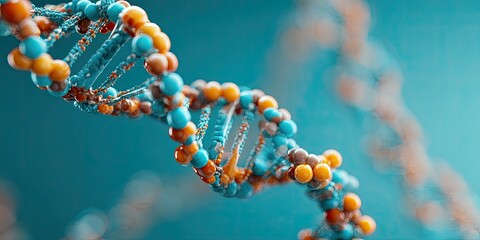 A close-up view depicts a detailed DNA double helix model with colorful, rounded structures