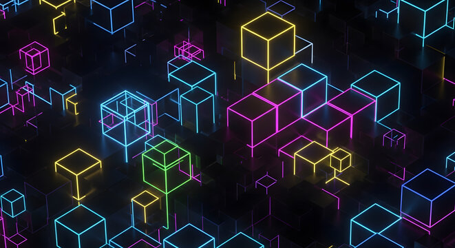 Abstract neon cubes floating in dark space