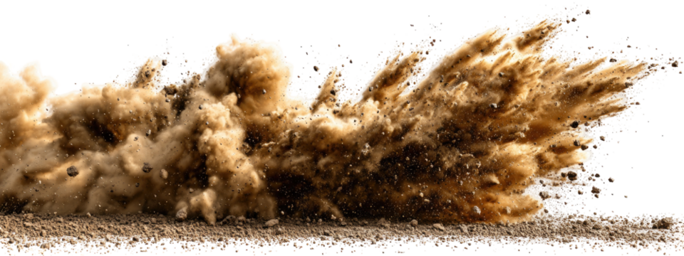 A large plume of brown dirt erupts from the ground