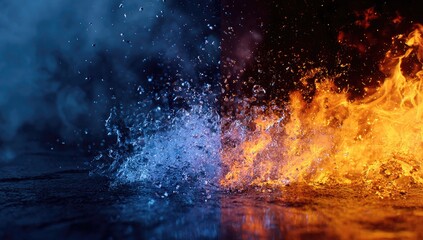 Fototapeta premium Vivid clash of elements; water erupts against vibrant flames, contrasting blue and orange hues