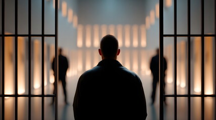 Man standing behind prison bars looking at guards in dim light  