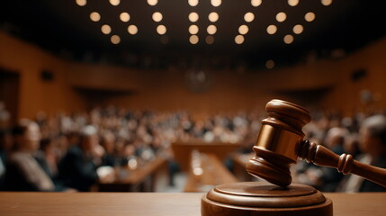 Courtroom scene with gavel and blurred audience in background, design banner justice concept 